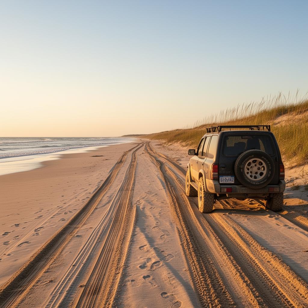 Four-wheel-drive SUV with sandy tires parked on the wide empty 4WD beach north of Corolla, Outer Banks, North Carolina at golden hour