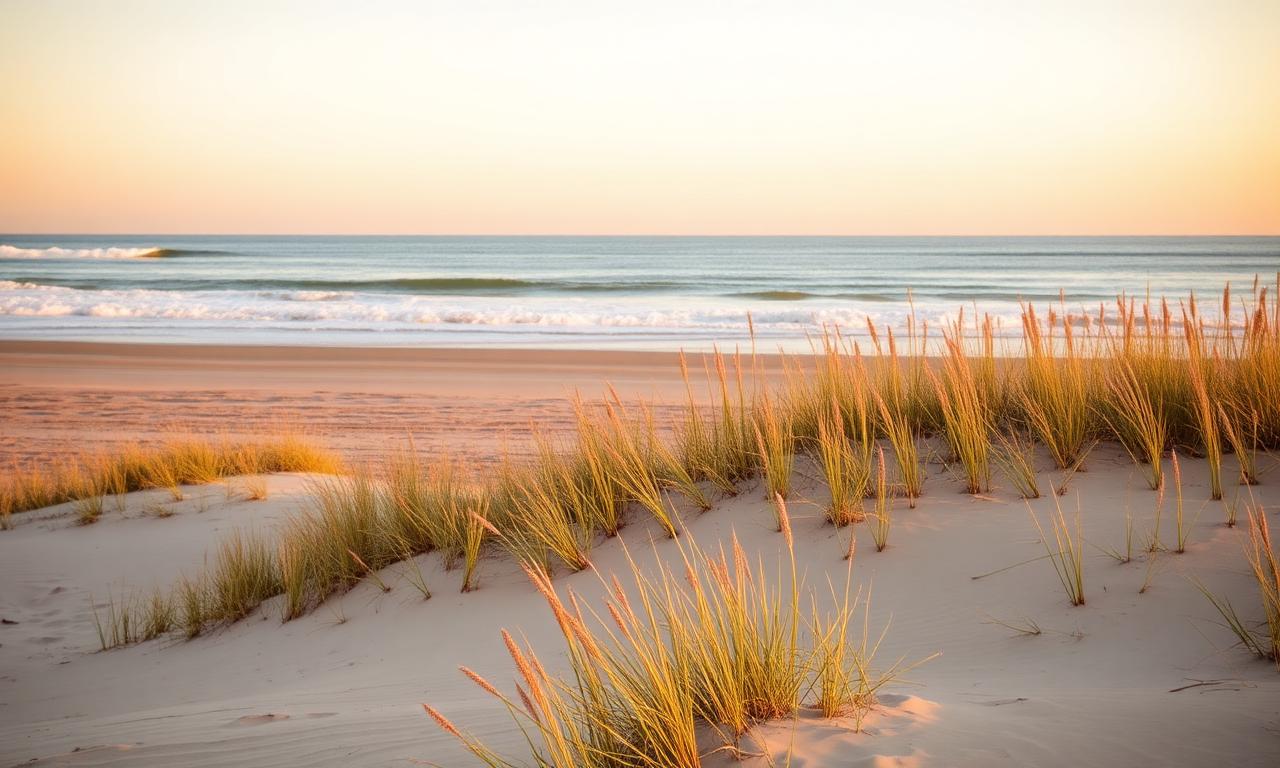 Golden hour light over empty sand dunes and sea grass on the Outer Banks beach in Corolla, North Carolina