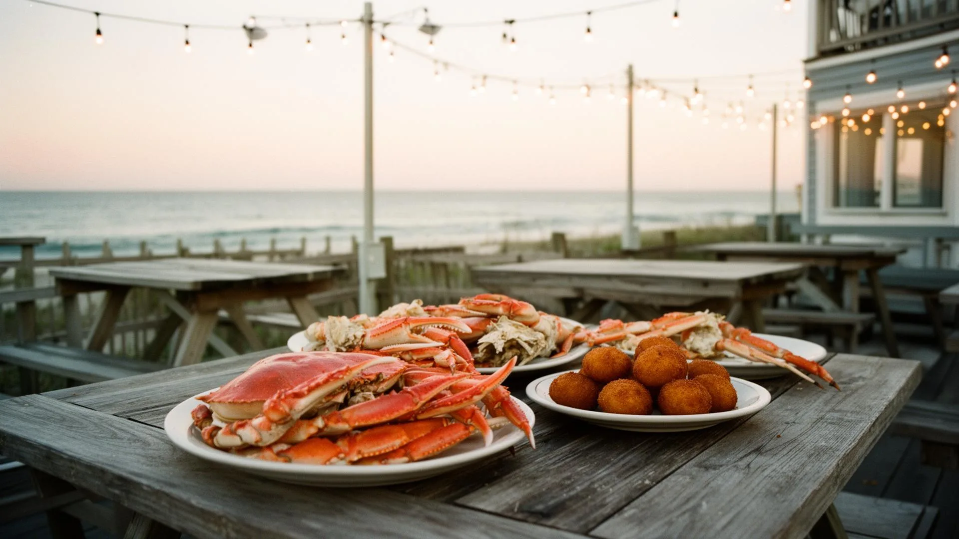 Fresh crab legs and hush puppies on a weathered wooden table at a coastal seafood restaurant on the Outer Banks at sunset