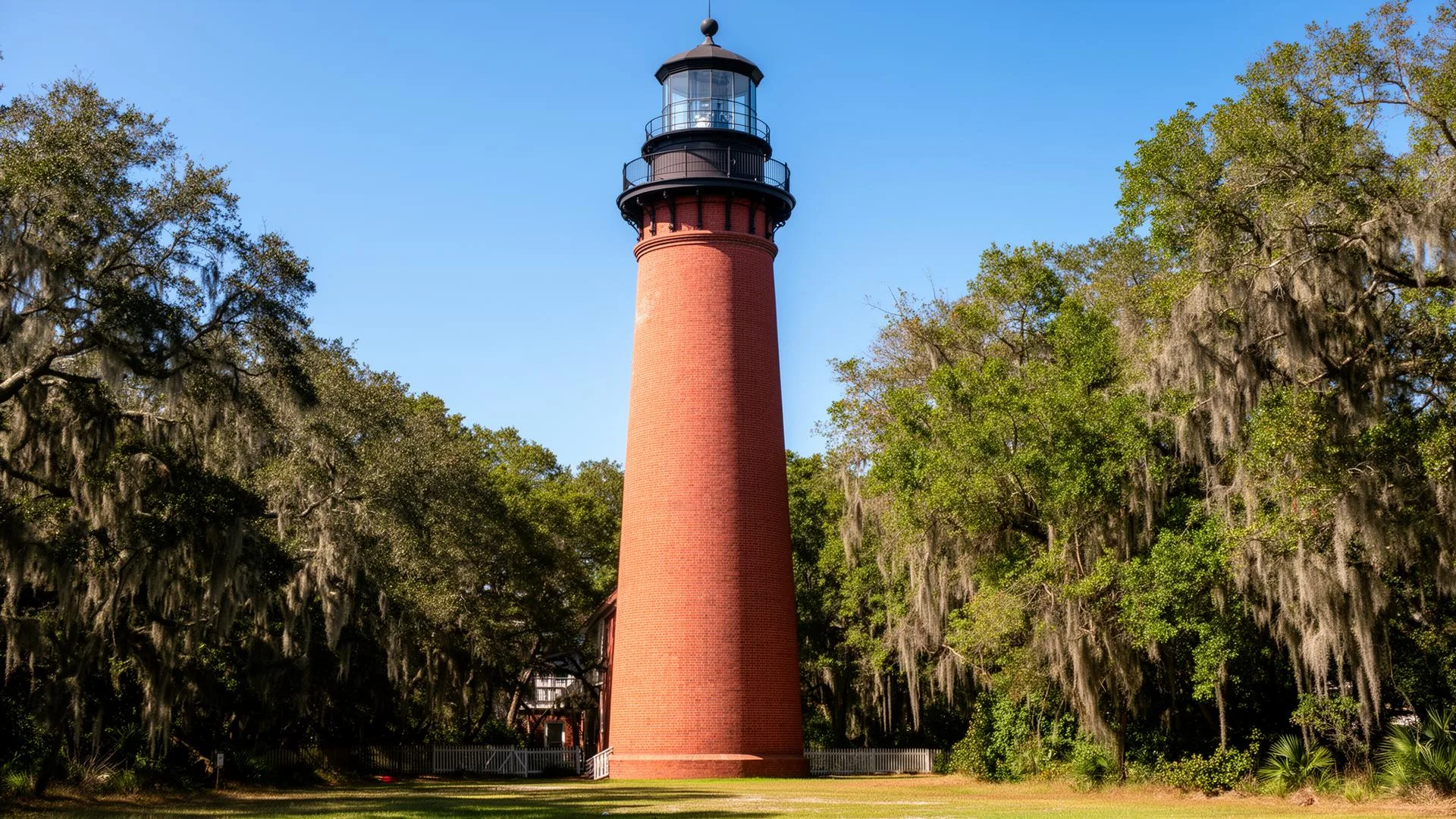 Historic Currituck Beach Lighthouse surrounded by live oak trees with Spanish moss in Corolla, Outer Banks, North Carolina
