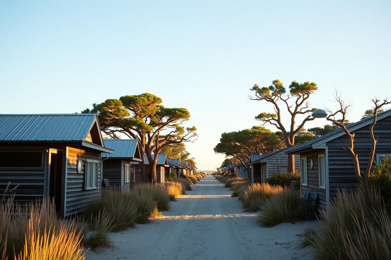 Weathered cedar-shake cottages and a sandy lane lined with sea oats and live oaks in historic Corolla Village at golden hour on the Outer Banks of North Carolina