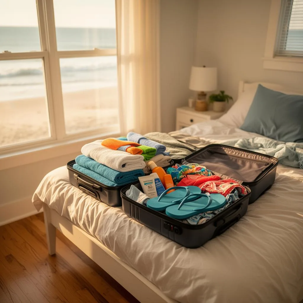 Open suitcase packed with beach towels, sunscreen, and flip flops on a bed in a bright coastal vacation rental bedroom in Corolla, Outer Banks