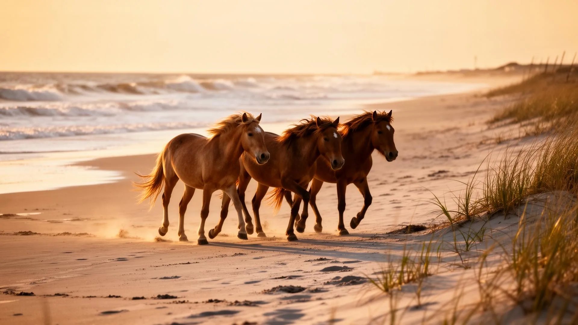 Wild Colonial Spanish Mustang horses running along the sandy beach at golden hour in Corolla, Outer Banks, North Carolina with ocean waves and sea grass dunes