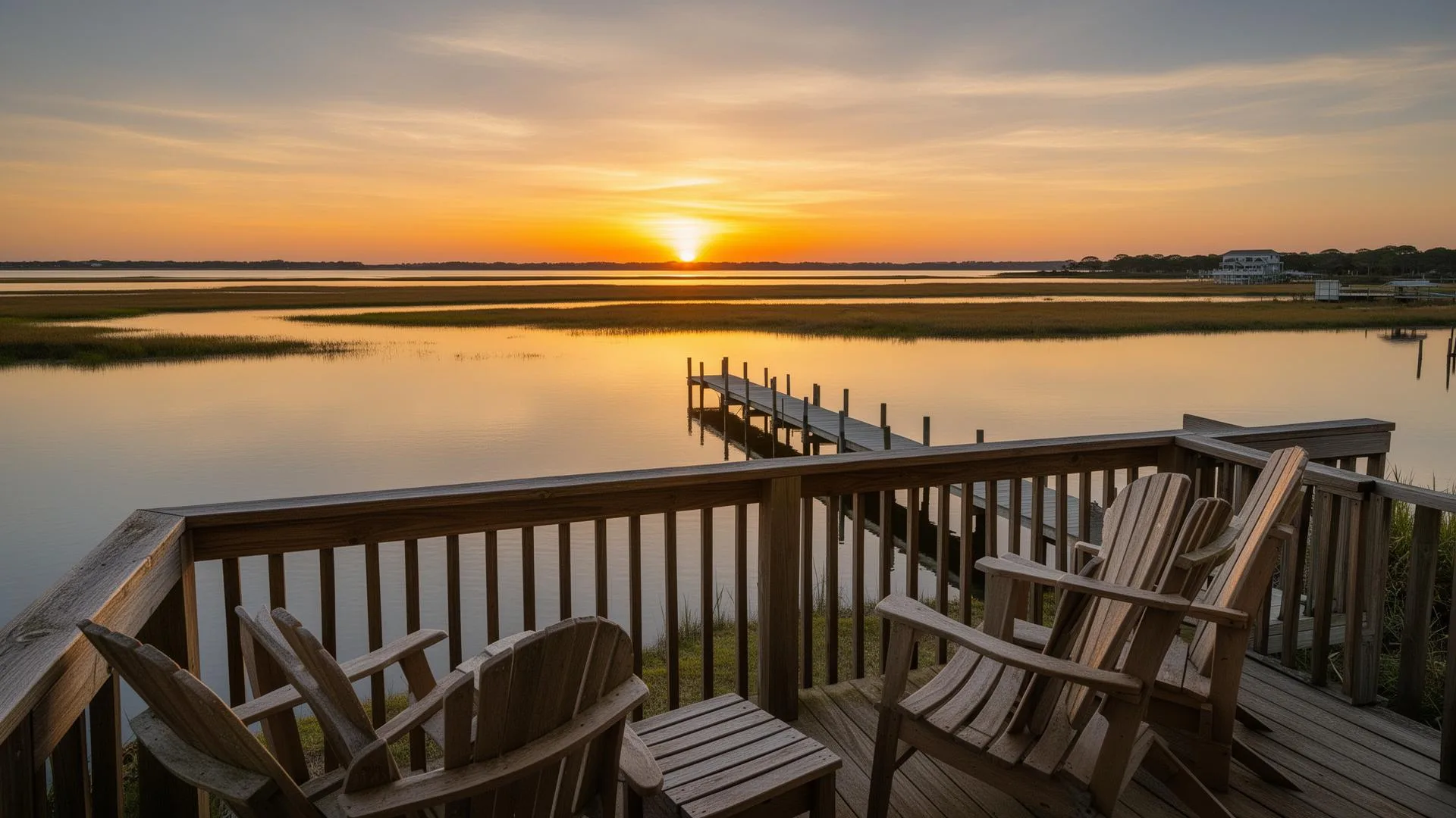 Golden hour sunset over Currituck Sound viewed from a waterfront vacation rental deck with Adirondack chairs and a private dock in Corolla, Outer Banks, North Carolina